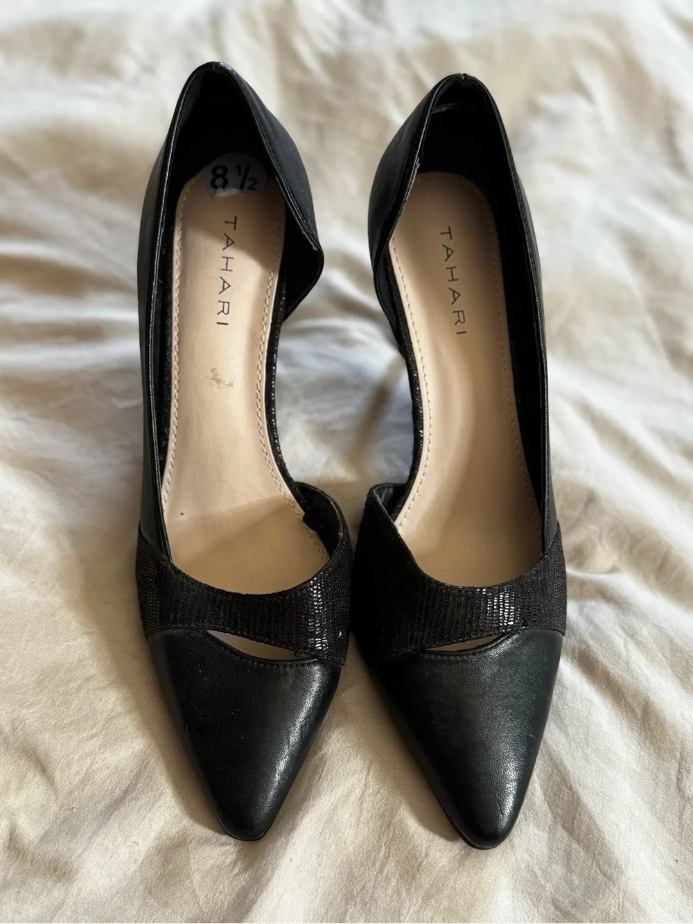 Tahari Black Pointed-Toe D'Orsay Pumps with Textured Strap